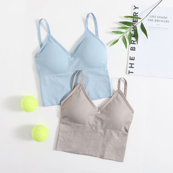 

2pcs Light Support Ribbed Criss Cross Sports Bra, Multicolor