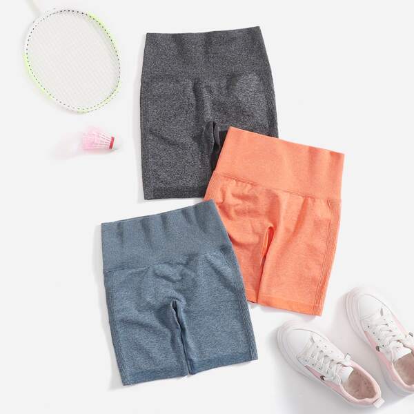 

3pcs Wide Band Waist Sports Biker Shorts, Multicolor