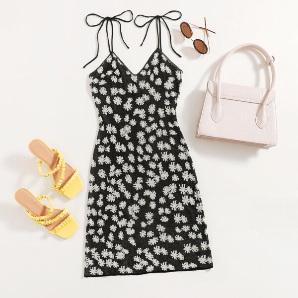 

Tie Shoulder Allover Floral Sweater Dress, Black and white