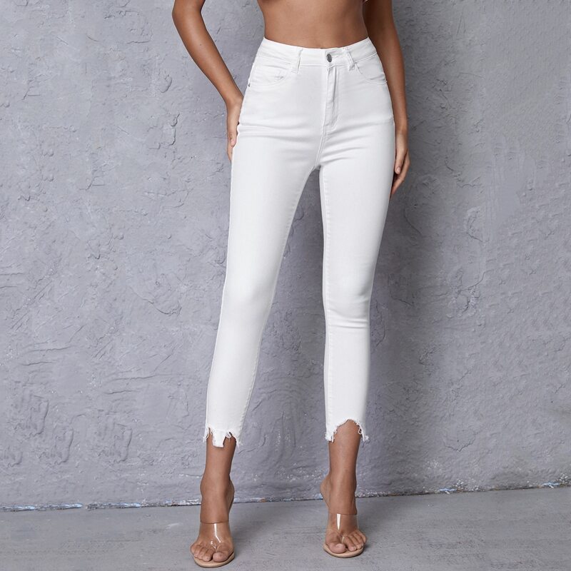 

High Waist Raw Hem Skinny Jeans, White