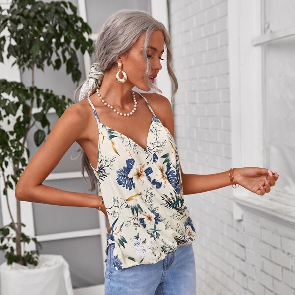 

Tropical Print Wrap Cami Top, Multicolor