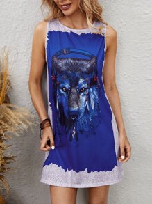 Wolf Print Tank Dress - Multicolor - View 1