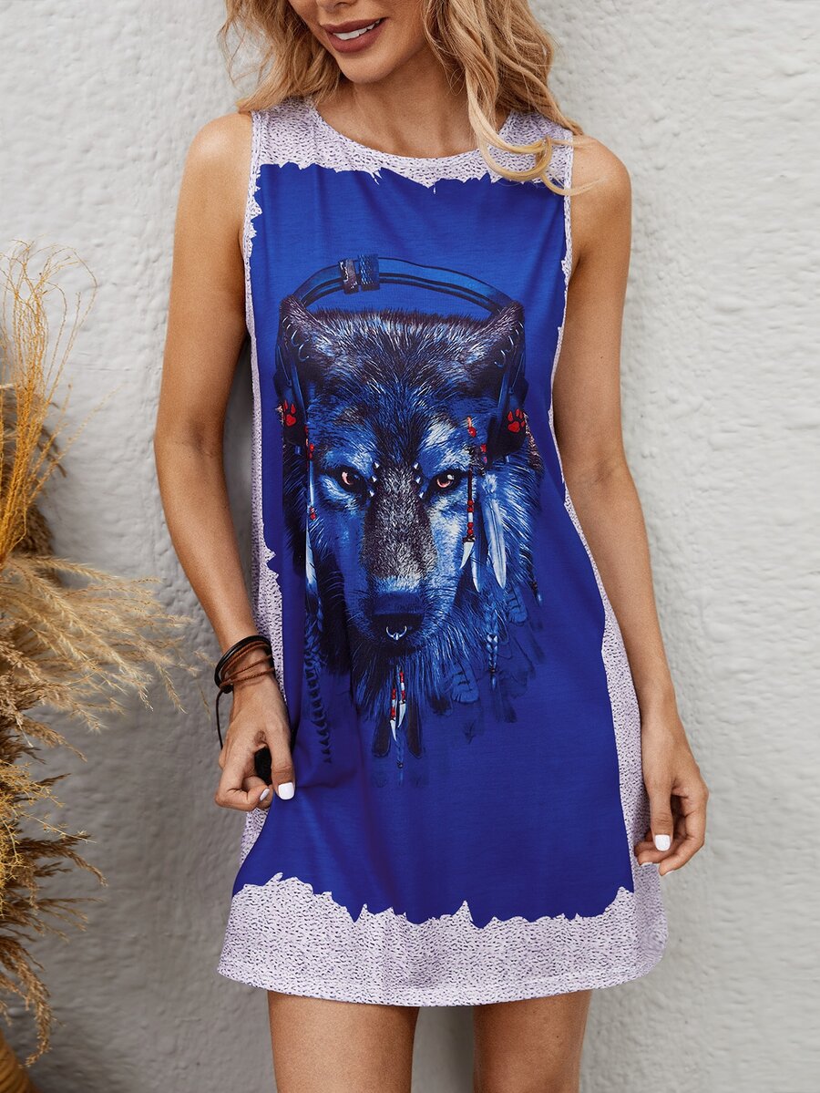 Wolf Print Tank Dress - Multicolor - View 1