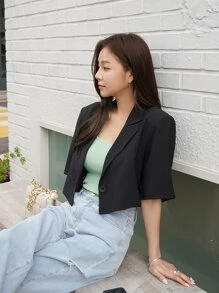 DAZY Singe Button Short Sleeve Crop Blazer - Black - View 1