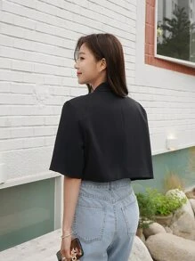DAZY Singe Button Short Sleeve Crop Blazer - Black - View 2