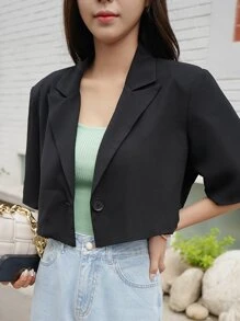 DAZY Singe Button Short Sleeve Crop Blazer - Black - View 3