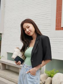 DAZY Singe Button Short Sleeve Crop Blazer - Black - View 4