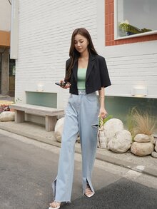 DAZY Singe Button Short Sleeve Crop Blazer - Black - View 6