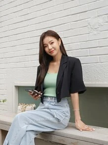 DAZY Singe Button Short Sleeve Crop Blazer - Black - View 8