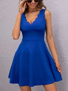 SHEIN Clasi Scallop Edge Solid Dress - Royal Blue - View 5