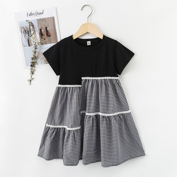 

Girls Gingham Lace Insert Babydoll Dress, Black and white