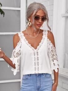 SHEIN Clasi Cold Shoulder Guipure Lace Top - White - View 1
