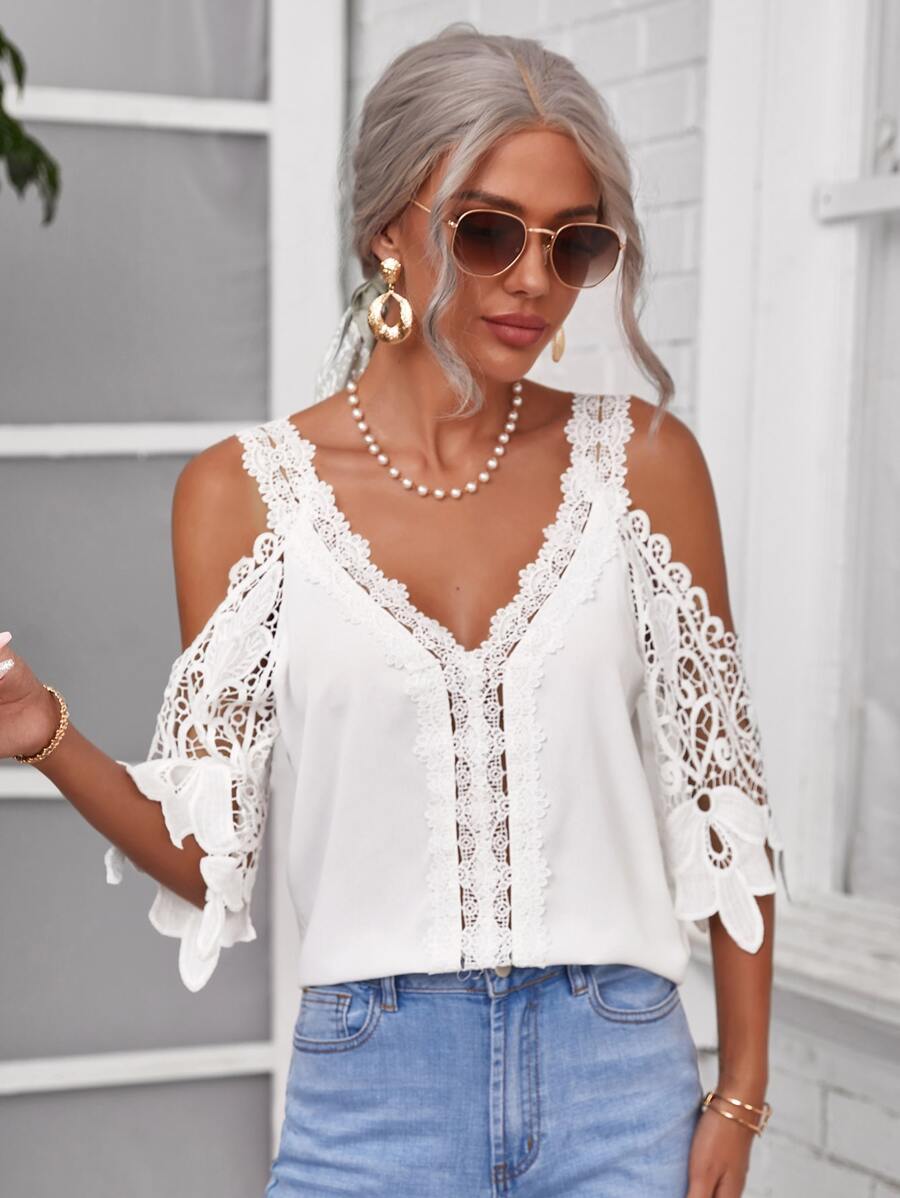 SHEIN Clasi Cold Shoulder Guipure Lace Top - White - View 1