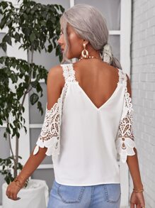 SHEIN Clasi Cold Shoulder Guipure Lace Top - White - View 2
