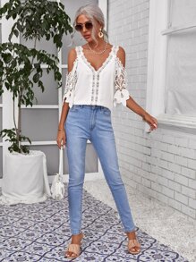 SHEIN Clasi Cold Shoulder Guipure Lace Top - White - View 3
