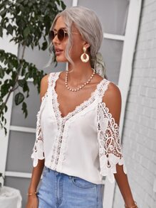 SHEIN Clasi Cold Shoulder Guipure Lace Top - White - View 4