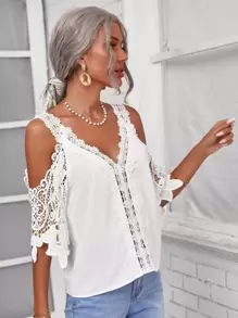 SHEIN Clasi Cold Shoulder Guipure Lace Top - White - View 5