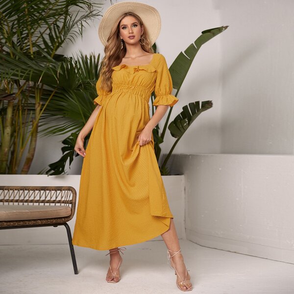 

Maternity Flounce Sleeve Ruffle Trim Dress, Mustard yellow