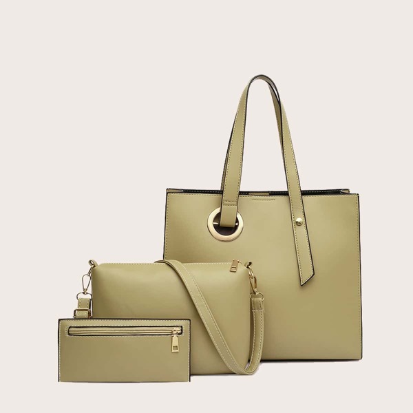 

3pcs Minimalist Eyelet Decor Bag Set, Green