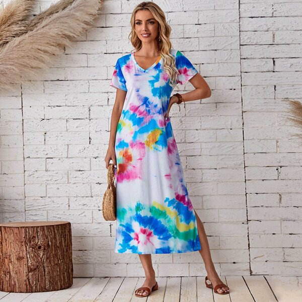 

Split Hem Tie Dye Tee Dress, Multicolor