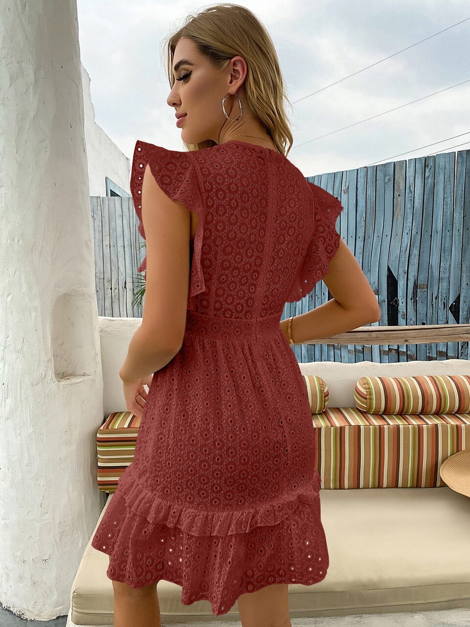 Eyelet Embroidery Ruffle Trim Dress