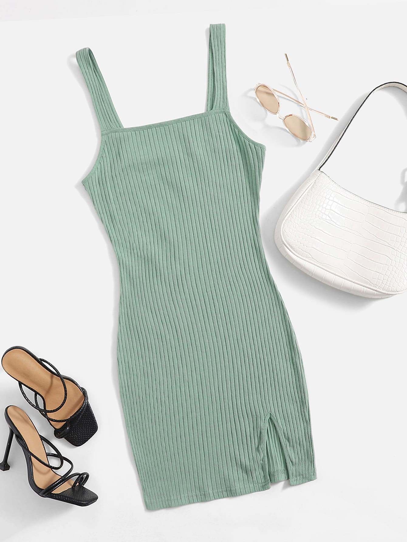 Muchica Vestido De Punto Acanalado Con Dobladillo Dividido - verde menta - Ver 1