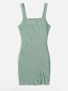 Muchica Vestido De Punto Acanalado Con Dobladillo Dividido - verde menta - Ver 3