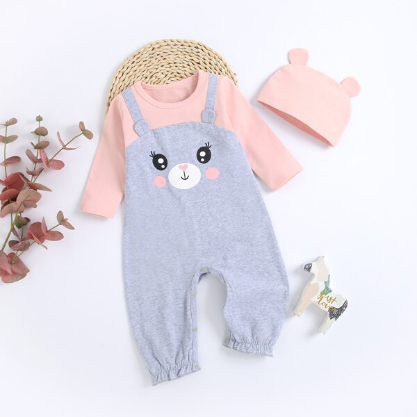 

Baby Colorblock And Cartoon Graphic Jumpsuit With Hat, Light grey