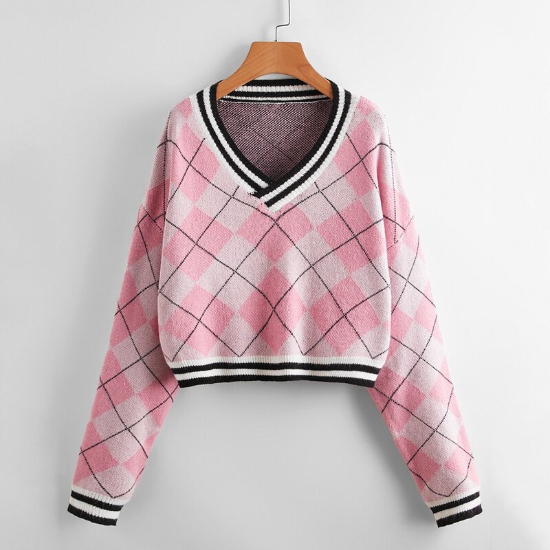 

Contrast Striped Argyle Pattern Sweater, Multicolor