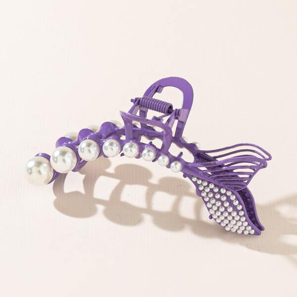 

Faux Pearl Decor Fish Tail Design Hair Claw, Purple