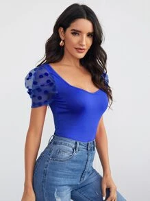 SHEIN Privé Top de manga de malla de cuello sweetheart - azul real - Ver 1