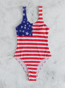American Flag Print One Piece Swimsuit - Multicolor - View 3