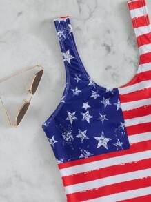 American Flag Print One Piece Swimsuit - Multicolor - View 4