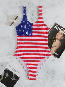 American Flag Print One Piece Swimsuit - Multicolor - View 5