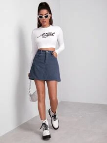 SHEIN EZwear Falda con botón delantero - Neblina azul - Ver 3