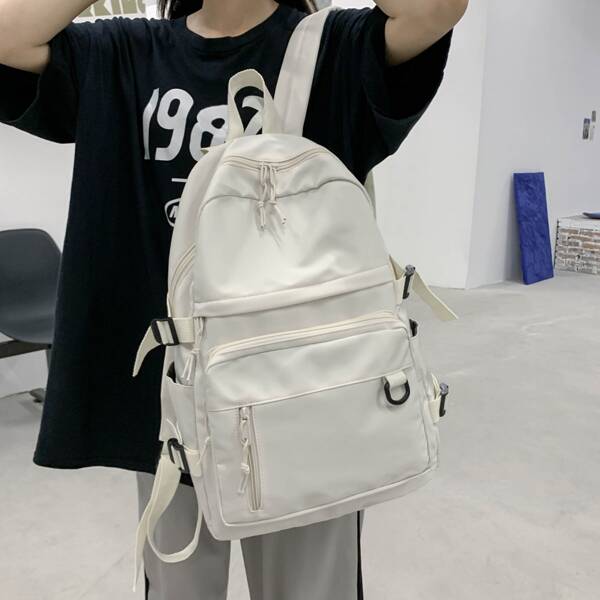 

Minimalist Buckle Decor Functional Backpack, White