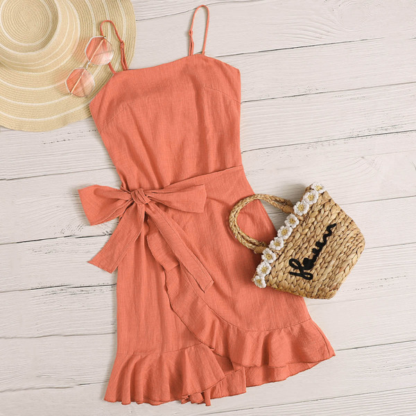 

Cut Out Tie Back Ruffle Trim Wrap Hem Slip Dress, Coral orange