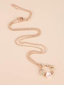 Rhinestone Detail Flower Pendant Necklace - Pink - View 8