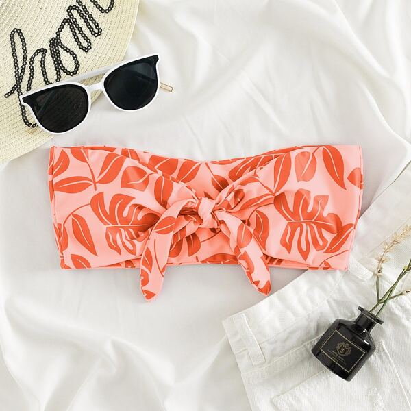 

Leaf Print Knot Front Bandeau Bikini Top, Multicolor