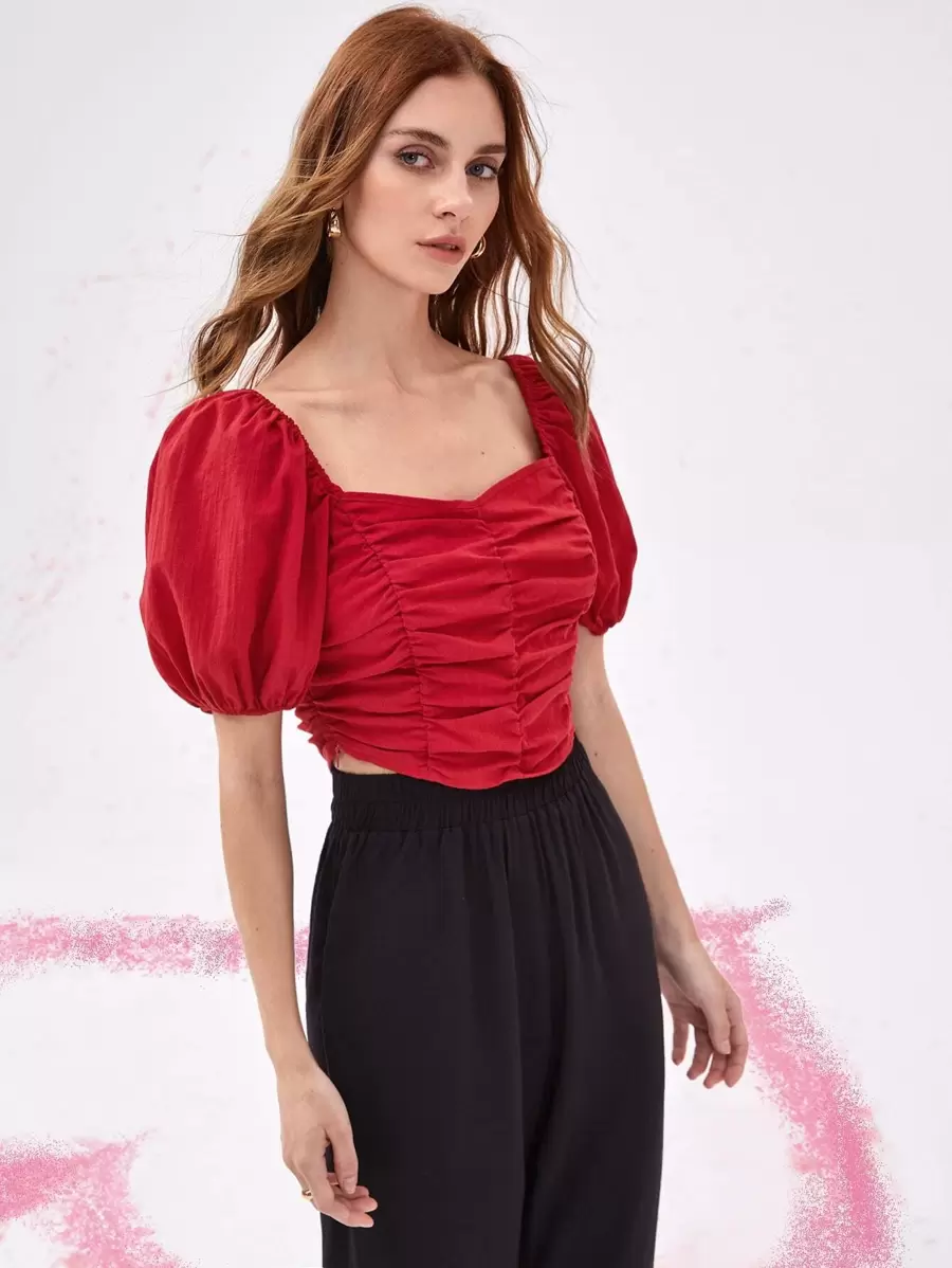 Top fruncido de manga farol - Rojo - Ver 1