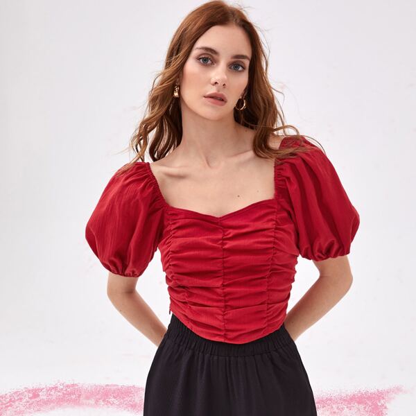 

Ruched Puff Sleeve Top, Red