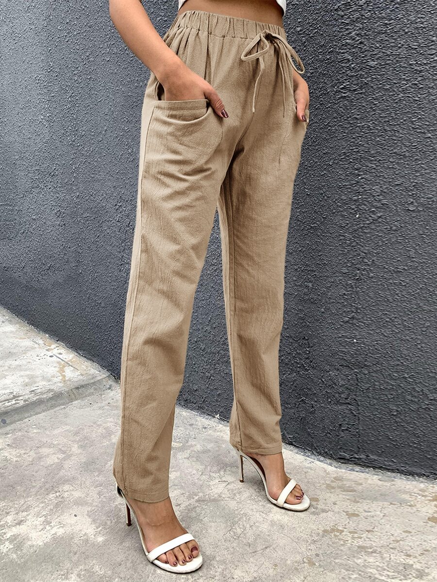 SHEIN Unity Solid Pocket Front Pants - Khaki - View 1