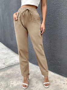 SHEIN Unity Solid Pocket Front Pants - Khaki - View 3