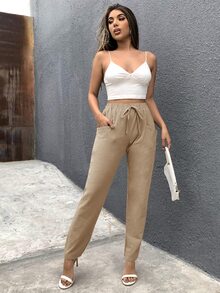 SHEIN Unity Solid Pocket Front Pants - Khaki - View 5