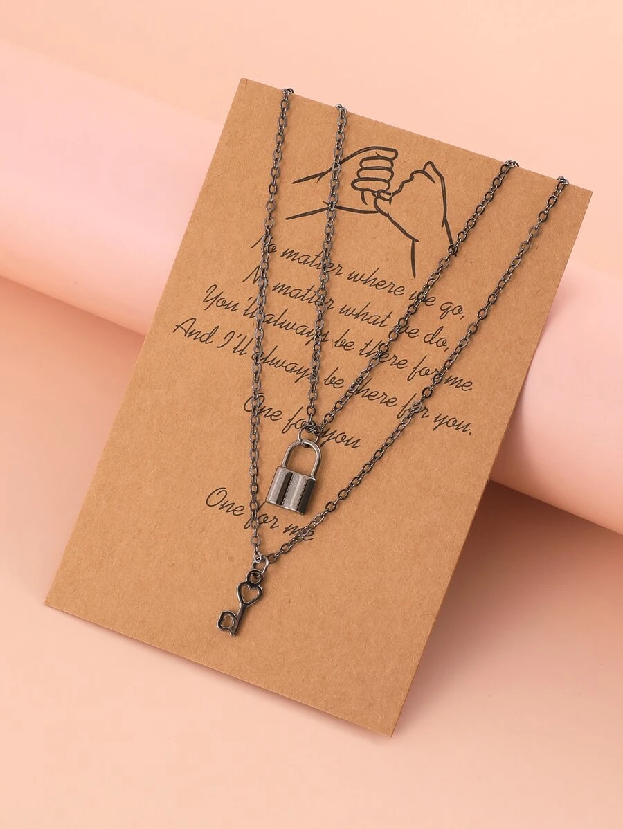 Bộ 2 dây chuyền mặt khóa và chìa khóa hình trái tim thời trang cho bạn thân/cặp đôi, thích hợp làm quà tặng sinh nhật, ngày lễ cho bạn gái/bạn trai (kèm hộp đựng thẻ) - Màu Đen Súng - Xem 1