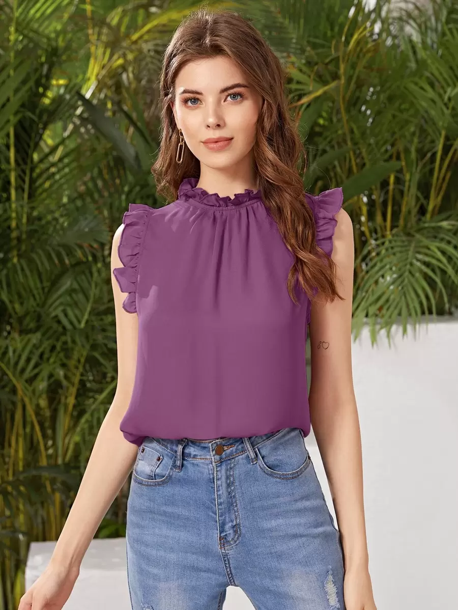 SHEIN Clasi Mock-neck Frill Trim Sleeveless Top - Purple - View 1