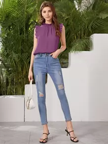 SHEIN Clasi Mock-neck Frill Trim Sleeveless Top - Purple - View 4