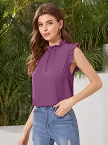 SHEIN Clasi Mock-neck Frill Trim Sleeveless Top - Purple - View 5