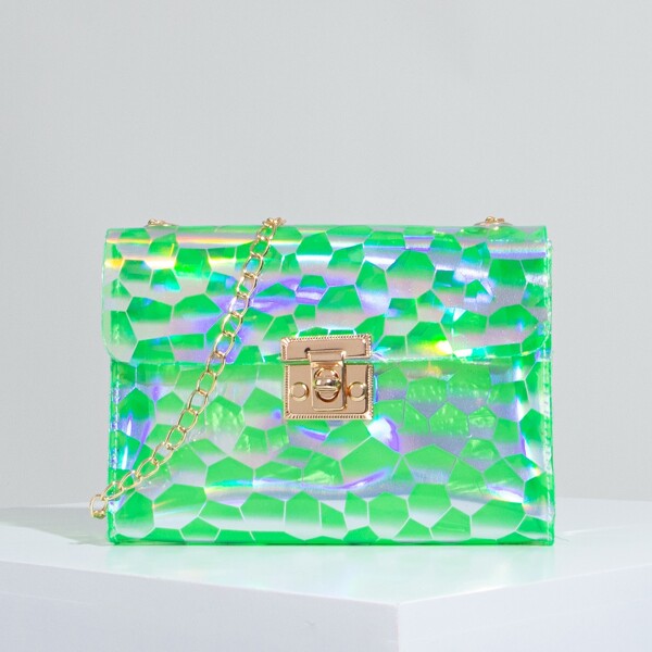 

Holographic Geo Graphic Chain Crossbody Bag, Green