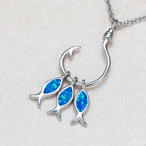 

Fish & Fish Hook Charm Necklace, Silver